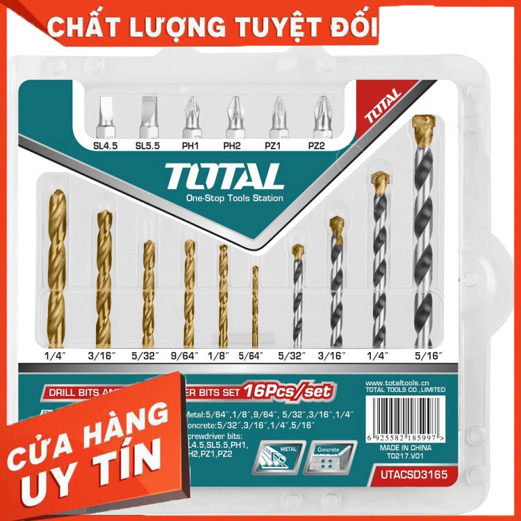 BỘ 16 MỦI KHOAN SẮT & BÊ TÔNG & MỦI SIẾT VÍT TOTAL- INGCO AKD9165 nguyên zin nhé các bác