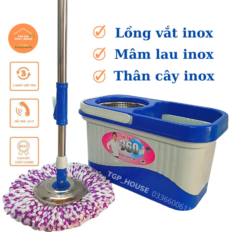 Combo thùng lau nhà TT 360 độ Mâm lau và Lồng vắt bằng Inox, Tặng kèm 2 bông lau
