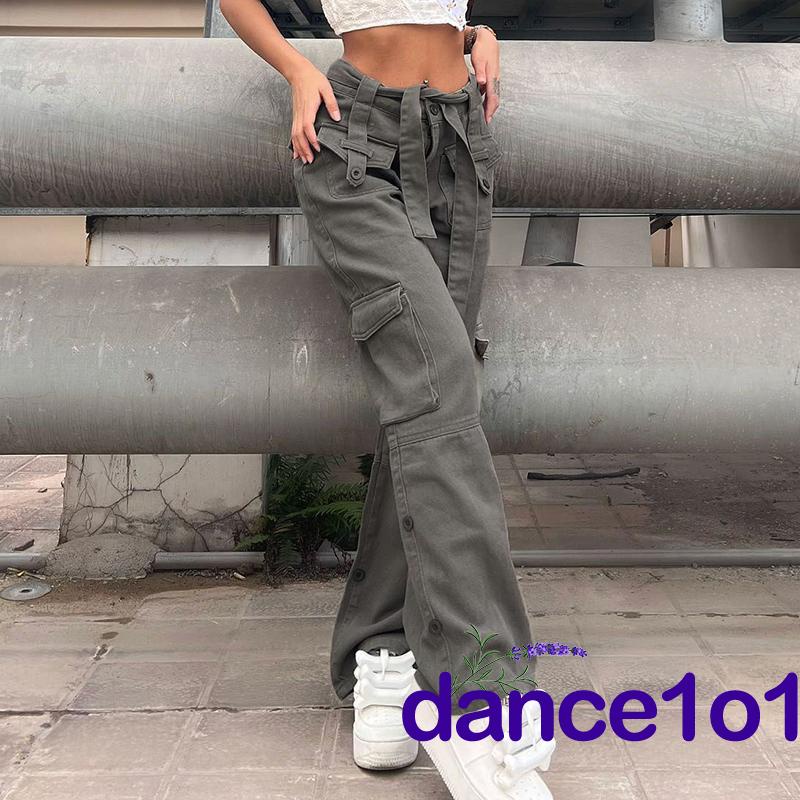 Quần Jeans Ống Rộng Lưng Cao Có Túi Thời Trang Hàn Quốc Khiêu Vũ1O1-Harajuku Y2K