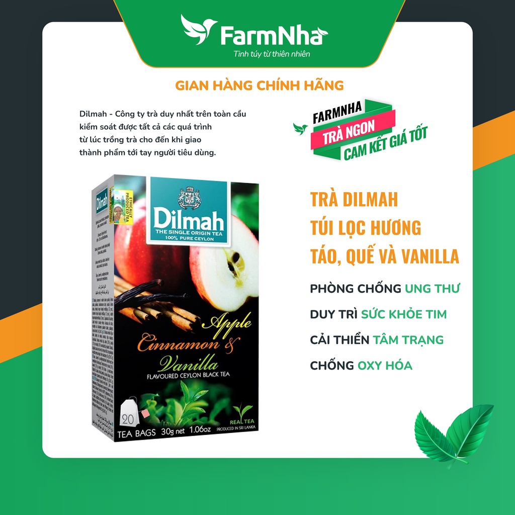 Trà Dilmah Apple Cinnamon & Vanilla Hương Táo Quế & Vanilla 30g 20 túi x 1.5gr - Tinh hoa trà Sri Lanka