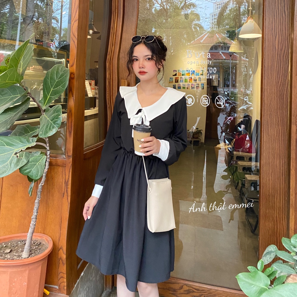 Váy babydoll nơ cổ dài tay trắng đen, đầm tiểu thư emmei v114