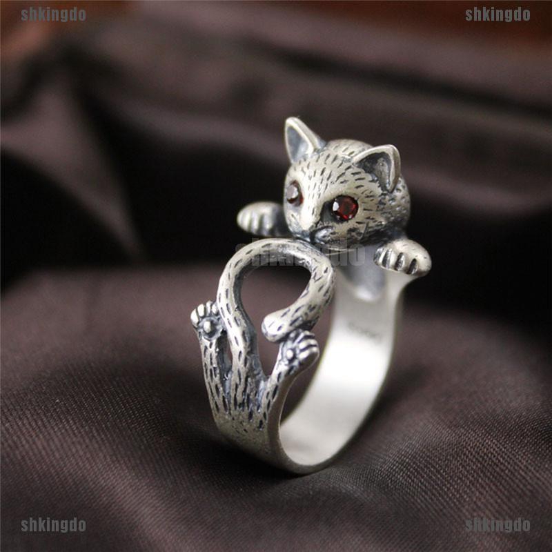 Nhẫn hình mèo đính đá phong cách Boho cổ điển thời trang