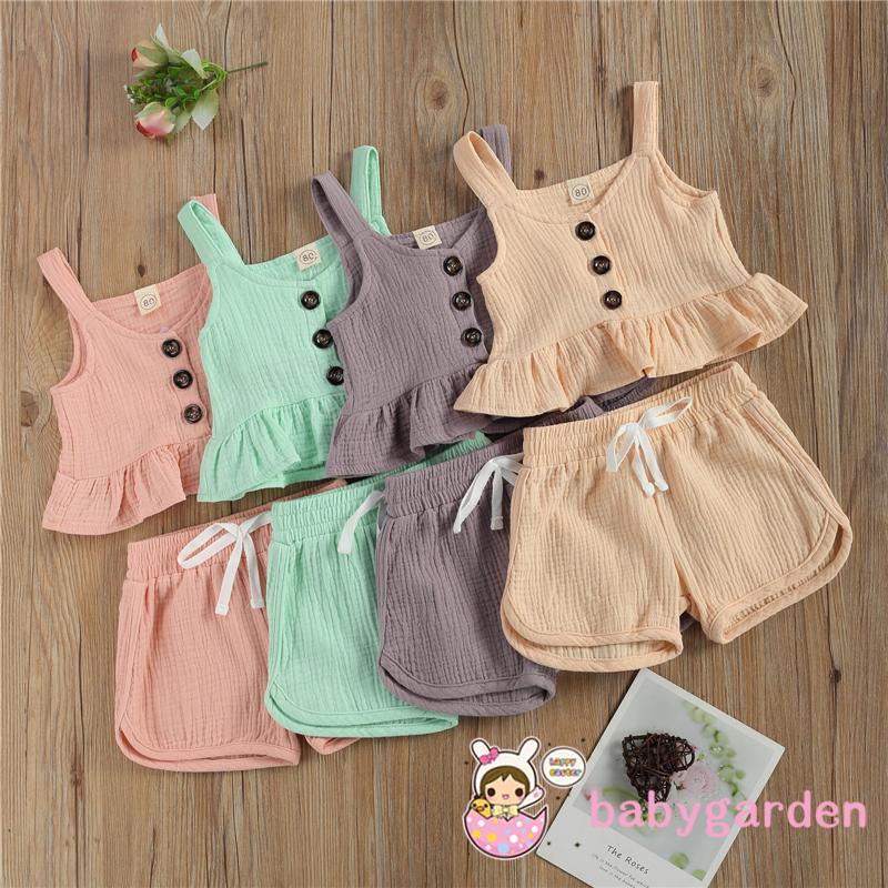 Bộ Áo Trễ Vai Màu Trơn + Quần Short Cho Bé Gái