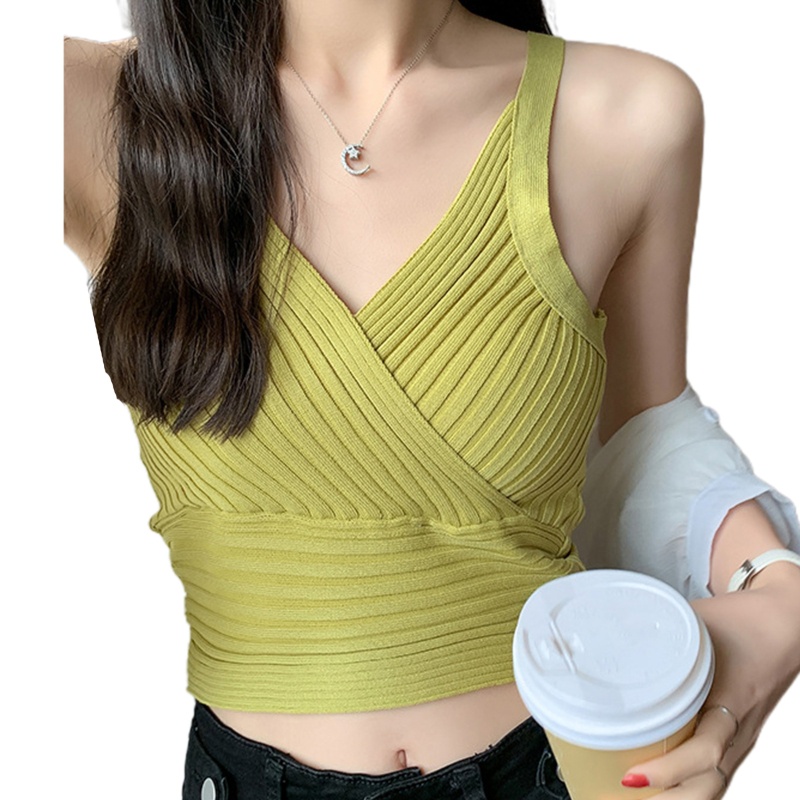 Áo Croptop Dệt Kim Không Tay Cổ Chữ V Sâu Màu Trơn Họa Tiết Kẻ Sọc Màu Sắc Thời Trang Cho Nữ