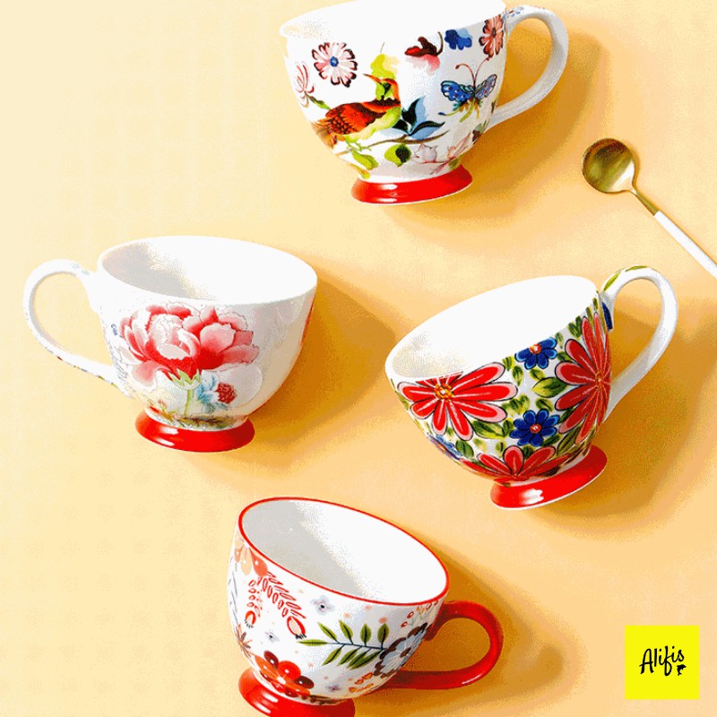 Cốc sứ, ly sứ dễ thương uống trà, cafe 450ml họa tiết vẽ tay phong cách Bắc Âu