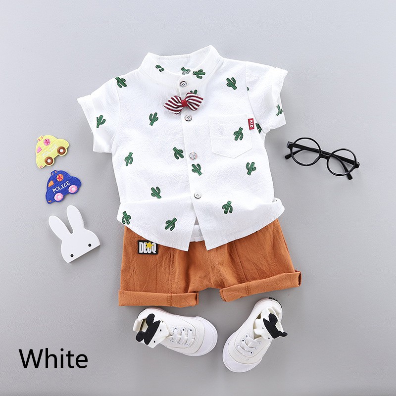 Set áo sơ mi tay ngắn in hình cây xương rồng + quần short lưng thun cho bé trai từ 1-4 tuổi