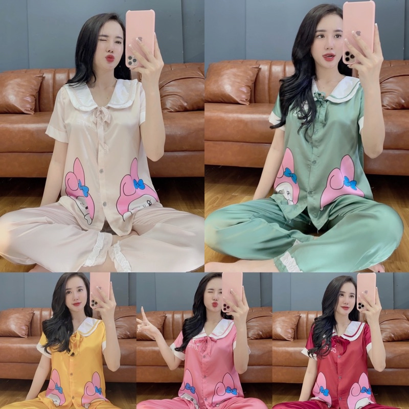 set pijama nữ tiểu thư tay ngắn quần dài lụa satin siêu dể thương