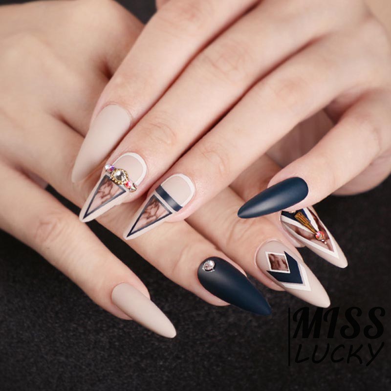 Bộ 24 móng tay giả dáng dài màu xanh dương đậm phong cách thời trang cho phái nữ