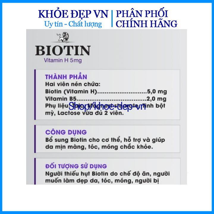 Viên uống Biotin vitamin H giúp tóc và móng khỏe ngừa rụng tóc , giúp da trẻ đẹp hộp 20 viên