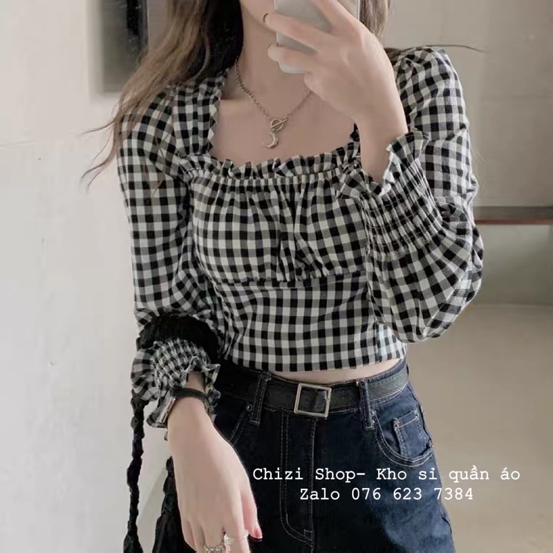 Áo Croptop Caro Tay Dài Nhấn Eo Nhún Ngực Siêu XinhChizi Shop