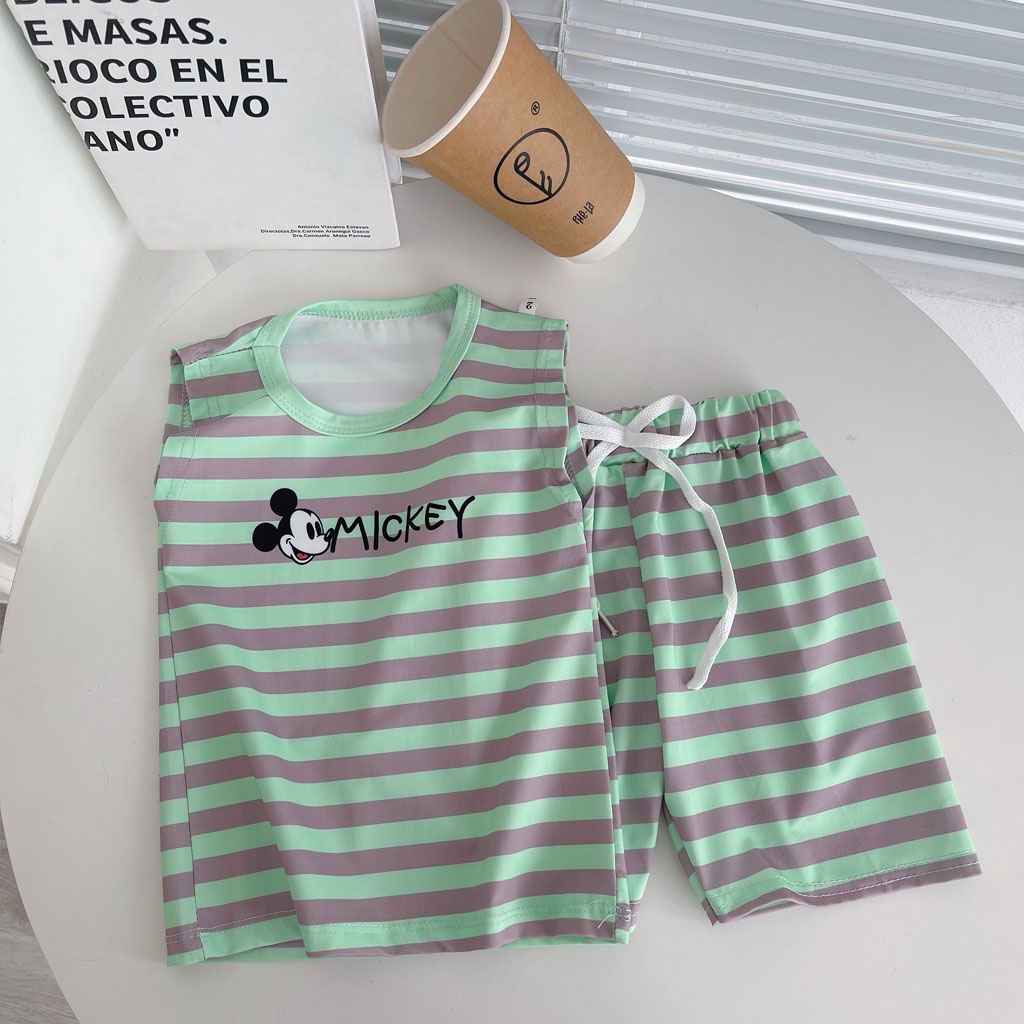 Bộ Sát Cho Bé Gái, Bộ Ba Lỗ Kẻ In Hình Micky Cho Bé Trai Bé Gái Chất Cotton Thun Lạnh từ 7-28 kg - LILA KIDS