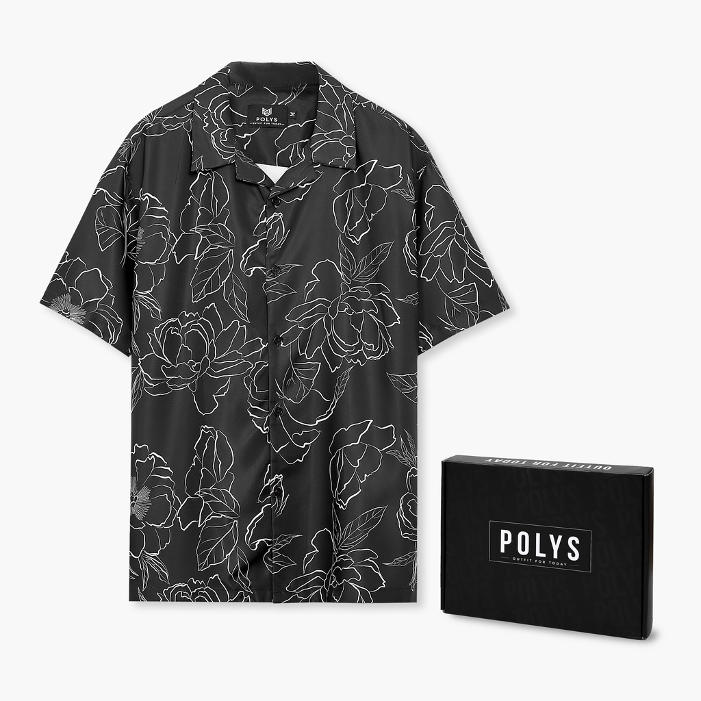 Áo sơ mi nam POLYS Fullbox chính hãng, Lụa Vân Chéo thoáng mát, không nhăn. Áo sơ mi tay ngắn họa tiết Hoa BLACK FLO
