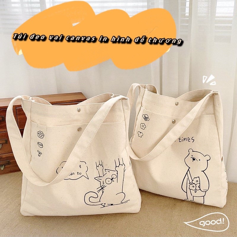 Túi tote đeo vai vải canvas dày dặn phong cách hàn quốc,có khoá miệng ,đựng nhiều đồ và nhiều ngăn đi học đi chơi