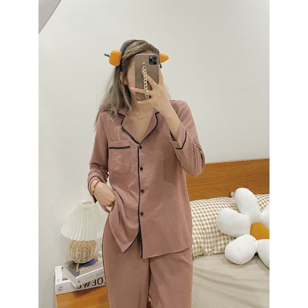 bộ đồ ngủ nữ pijama cao cấp vải nhung tăm hàng thiết kế tay dài cực kì mềm mại cổ chữ V  không gây kích ứng da | BigBuy360 - bigbuy360.vn