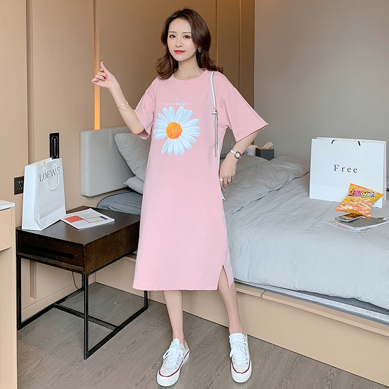 Đầm Thun Cotton Dài Đến Đầu Gối Thêu Hoạ Tiết Đơn Giản Trẻ Trung Dành Cho Mẹ Bầu