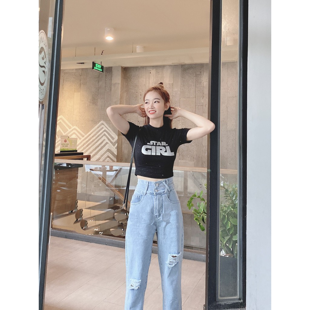 [ LẠ HOẮC ] QUẦN BAGGY JEAN NỮ LƯNG CAO RÁCH TO 2 GỐI XẺ NỮA ĐĨA CHÉO MÀU XANH NHẠT SIÊU HOT SIÊU PHONG CÁCH NITIQC