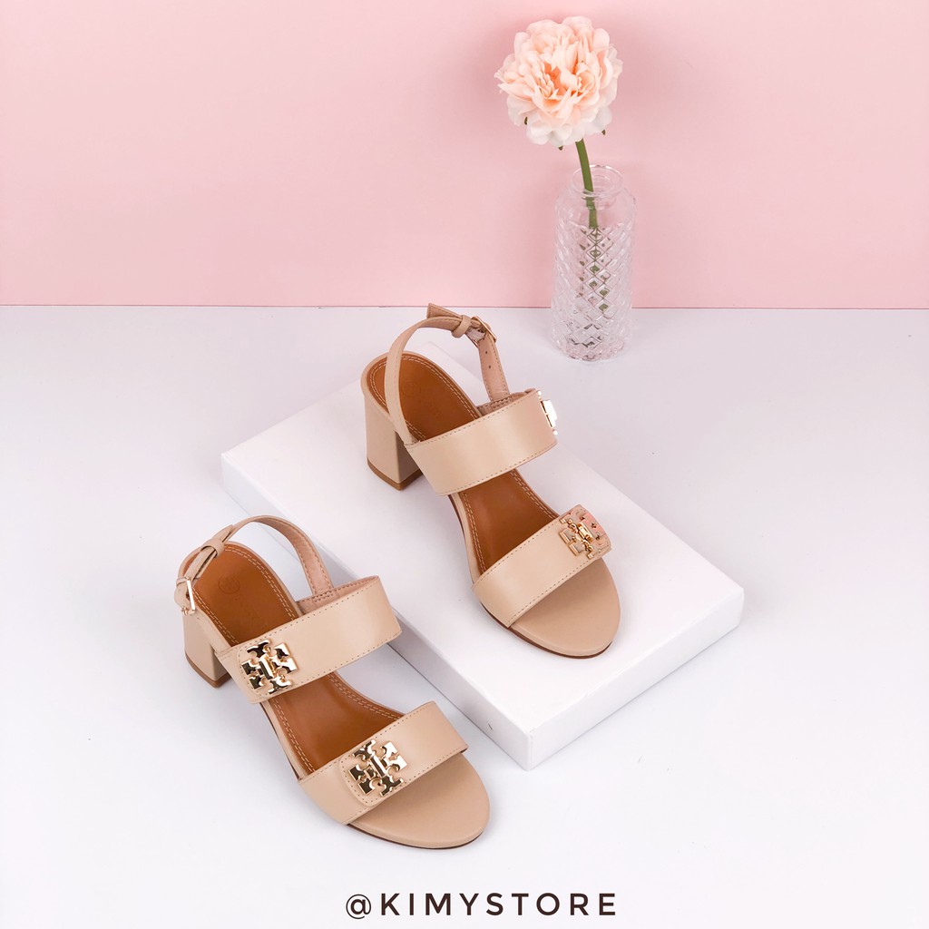 Giày sandal nữ quai ngang da thật, dép xăng đan gót cao 5cm phối quai cài cho nữ - Hàng VNXK