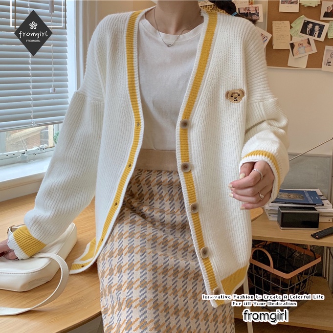 Áo khoác cardigan cổ chữ V dáng rộng thêu họa tiết gấu phong cách mùa thu 2021 cho nữ