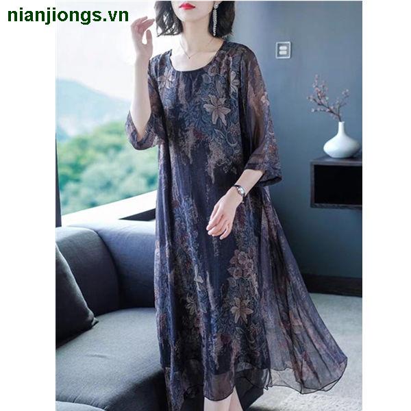 Đầm Chiffon Dáng Rộng In Họa Tiết Thời Trang Mùa Hè Mới 2021 Cho Phụ Nữ Trung Niên
