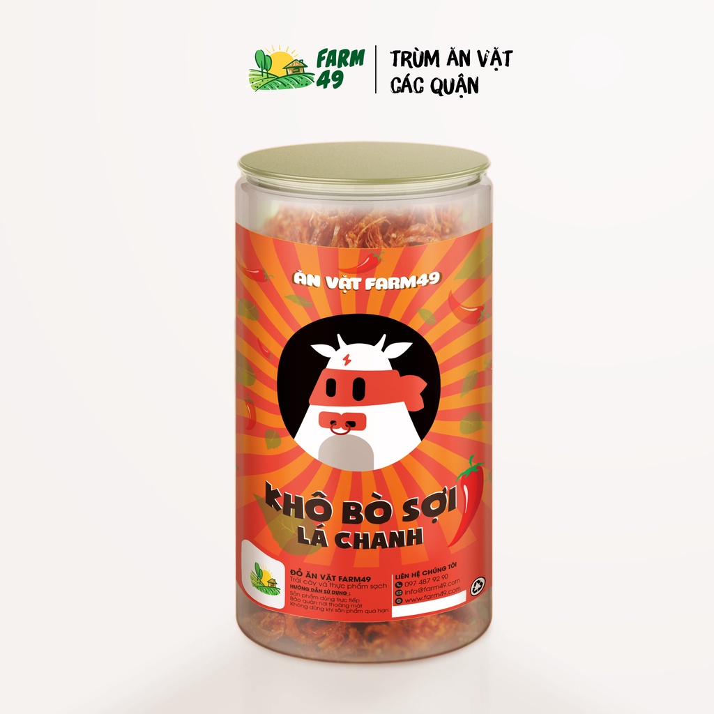 Khô Bò Sợi Lá Chanh Đồ Ăn Vặt Ngon Farm49 Loại 1 Bao Thơm Ngọt Hũ Pet 300Gr