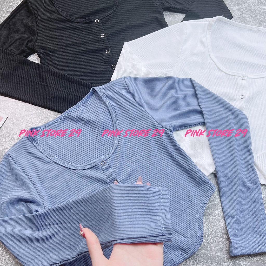 Áo Croptop Cổ U Tay Dài Ôm Body Khoét Eo Cúc Bấm Cực Sang Cực Xịn A5252