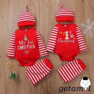 LJW-Newborn Baby Set Clothes My 1st Christmas Letter Long Sleeve Jumpsuit Fashion Stripe Long Pants