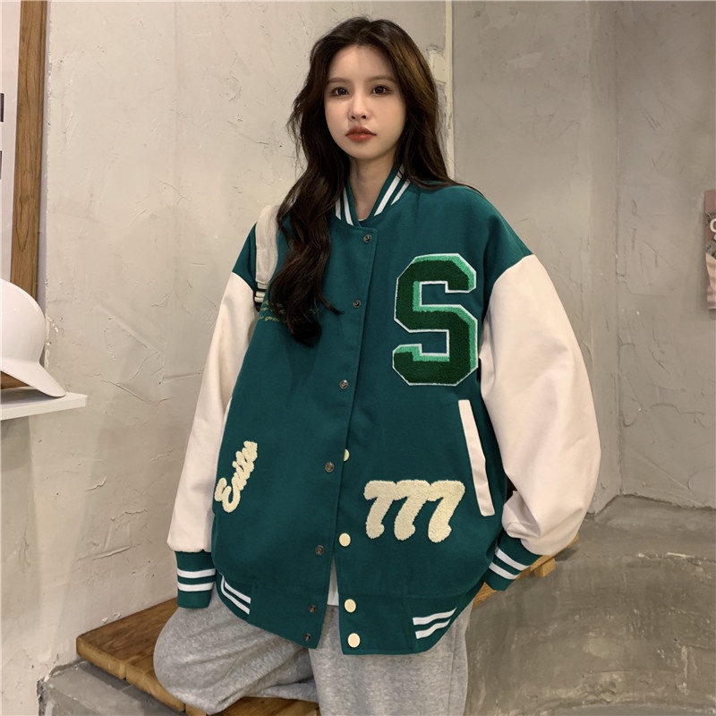 【ZHELIHANGFEI】Áo Khoác Bóng Chày Tay Dài Form Rộng Theo Phong Cách Preppy Mỹ Dễ Phối Đồ