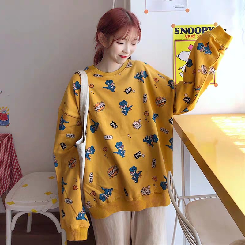 ÁO SWEATER NỈ KHỦNG LONG UNISEX VÀNG XANH THAN - ÁO IN HÌNH THÚ CUTE HOT | BigBuy360 - bigbuy360.vn