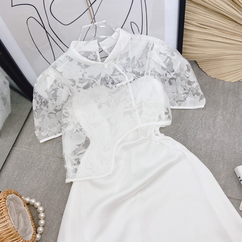 SET ĐẦM MIDI CỔ ĐỔ CHÉO DÂY TRẮNG + ÁO CROPTOP CỔ TÀU VOAN HOA NỔI MS90