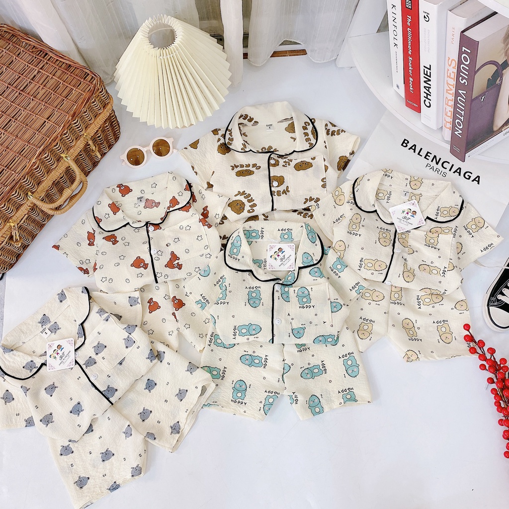 CT48 Bộ Cộc Tay Pyjama Viền Đen Hoạ Tiết Gấu Cho Bé Chất Liệu Vải Đũi Nhăn Đủ Size Từ 8-18Kg VNXK Nhật-Hàn