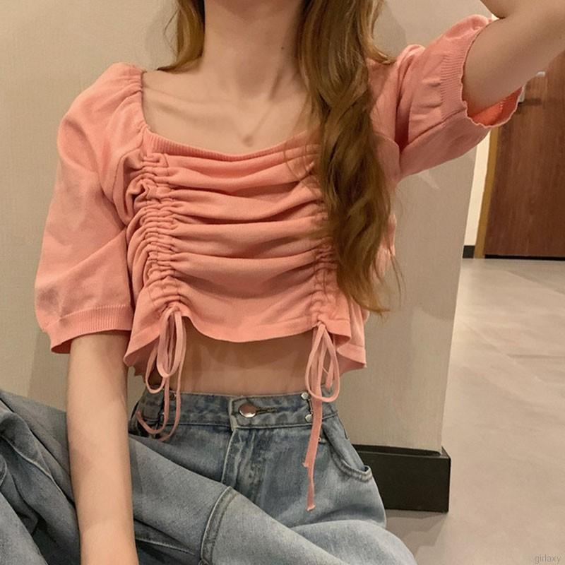 Áo Croptop Dệt Kim Tay Ngắn Phối Dây Rút Phong Cách Hàn Quốc