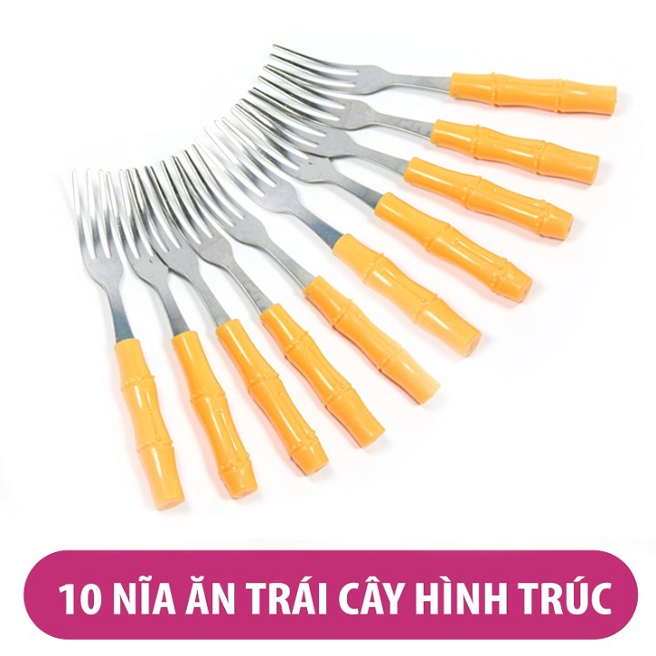 Túi 10 cây dĩa inox cán nhựa hình cây trúc dùng ăn hoa quả rất tiện dụng, bền đẹp