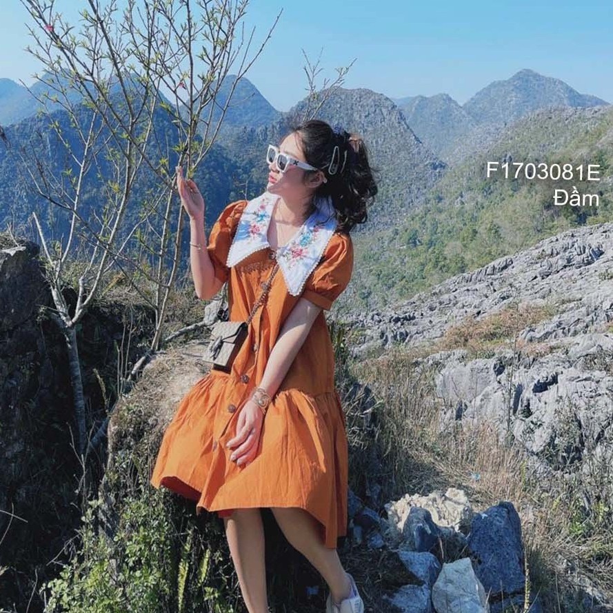 Đầm dáng suông rộng đuôi cá cổ thêu hoa tay ngắn!