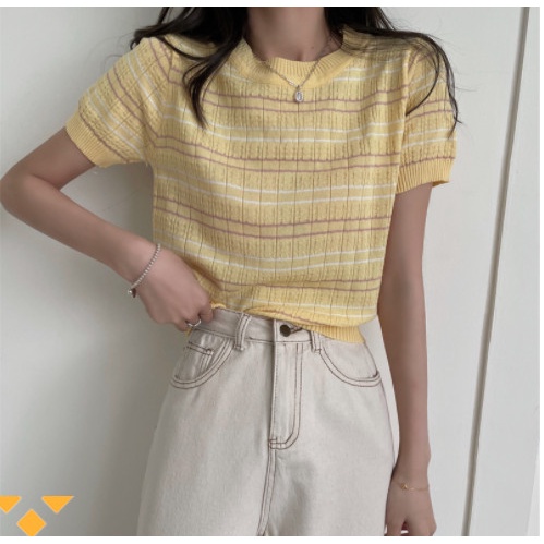 Áo thun nữ cổ tròn ngắn tay họa tiết kẻ sọc 8 màu thời trang