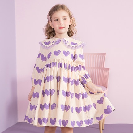 Đầm baby doll tím tay dài trái tim cho các tiểu thư nhí
