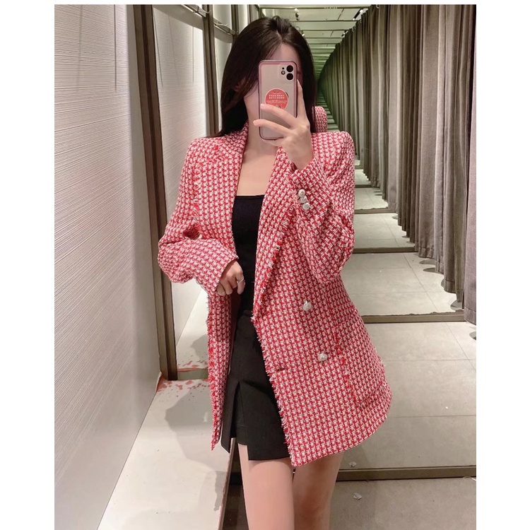 ÁO BLAZER NỮ HOẠ TIẾT HOUNDSTOOTH MÀU ĐỎ TRẮNG - 2443/148