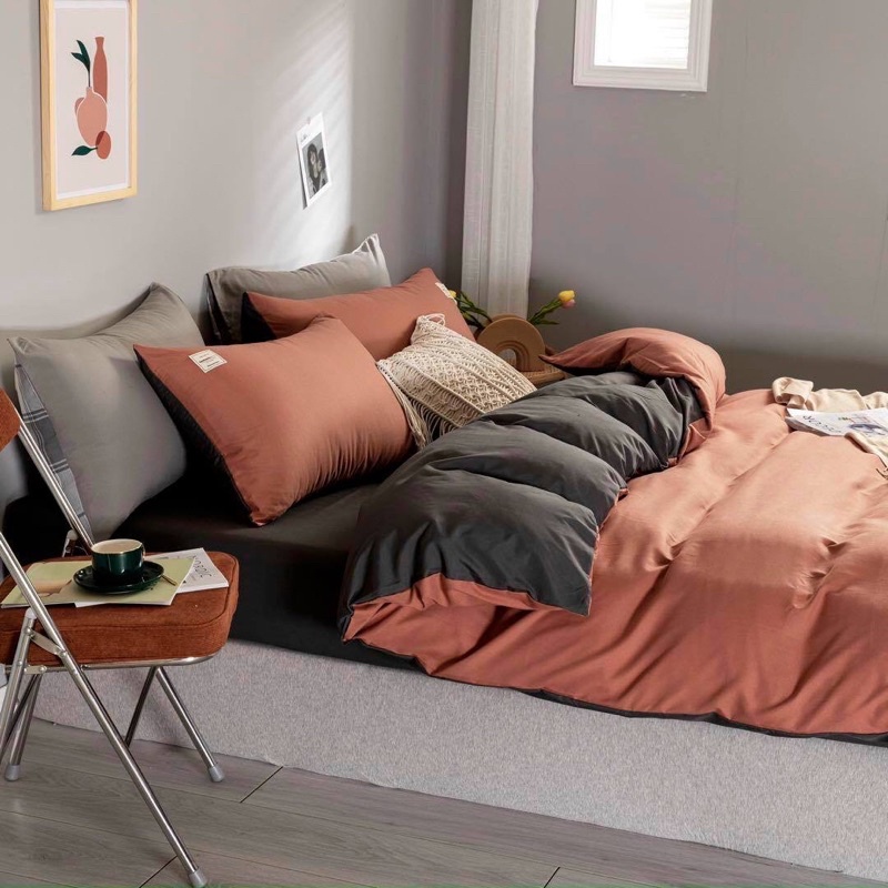 BỘ CHĂN GA GỐI COTTON TICI CAO CẤP ( CHĂN ĐÃ TRẦN BÔNG) MÀU CAM GHI - ĐỦ KÍCH THƯỚC