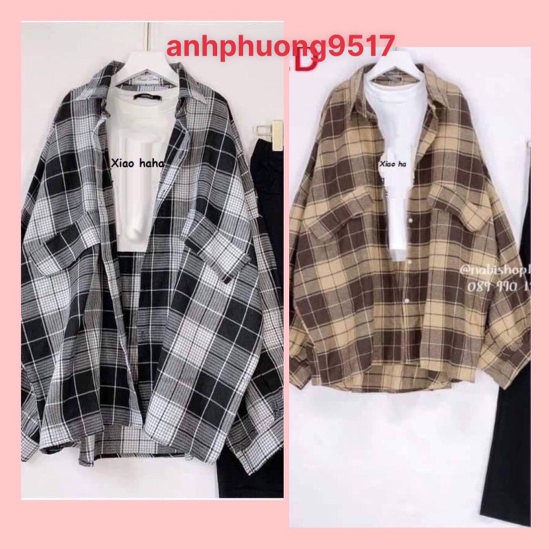 Sét 3 món sơ mi + áo xiao + quần suông❤️gồm áo sơ mi kẻ 2 nắp túi chất thô❤️áo trong body in chữ chất bozip và quần suôg