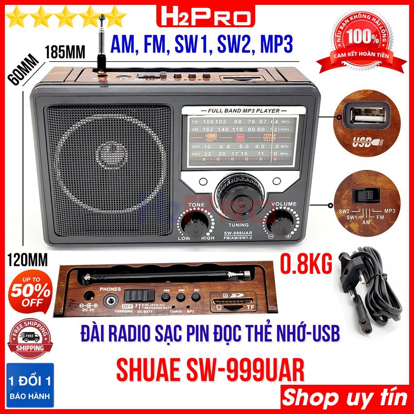 Đài radio 4 bands FM-AM-SW1-SW2 SHUAE SW-888UAR - SW-999UAR H2Pro cao cấp-tích hợp Mp3-USB-Thẻ nhớ-jack tai nghe 1 chiếc