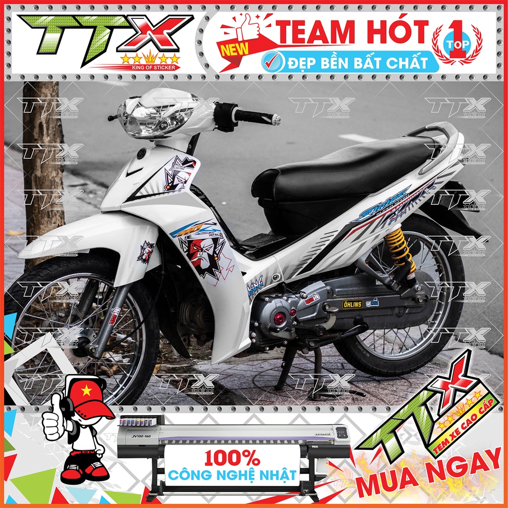 Tem rời sirius king , Team chế sirius dán xe màu trắng vệt xám chữ xanh siêu đẹp , Shop TTX Tem xe sirius mã (S0039/00)
