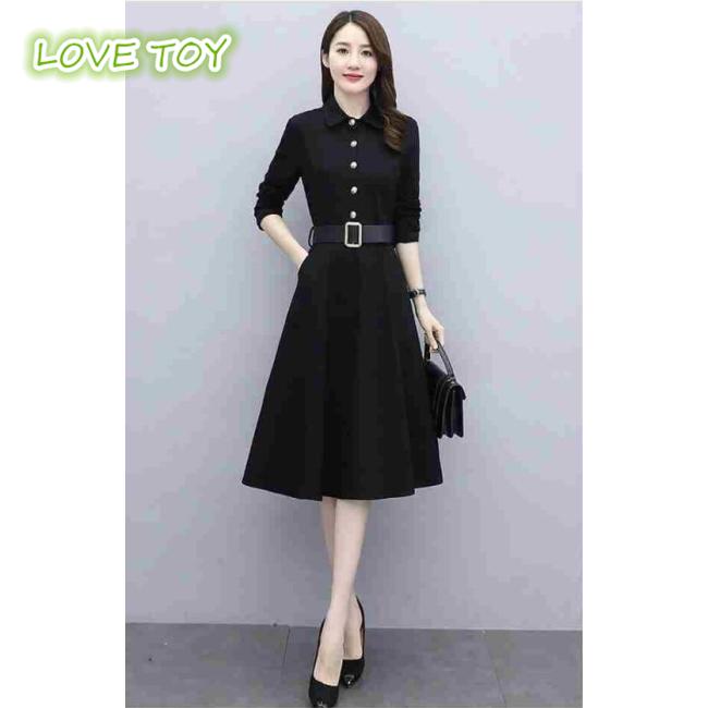 Đầm Midi Dáng Chữ A Tay Dài Cổ Bẻ Màu Trơn Eo Cao Thời Trang Cho Nữ