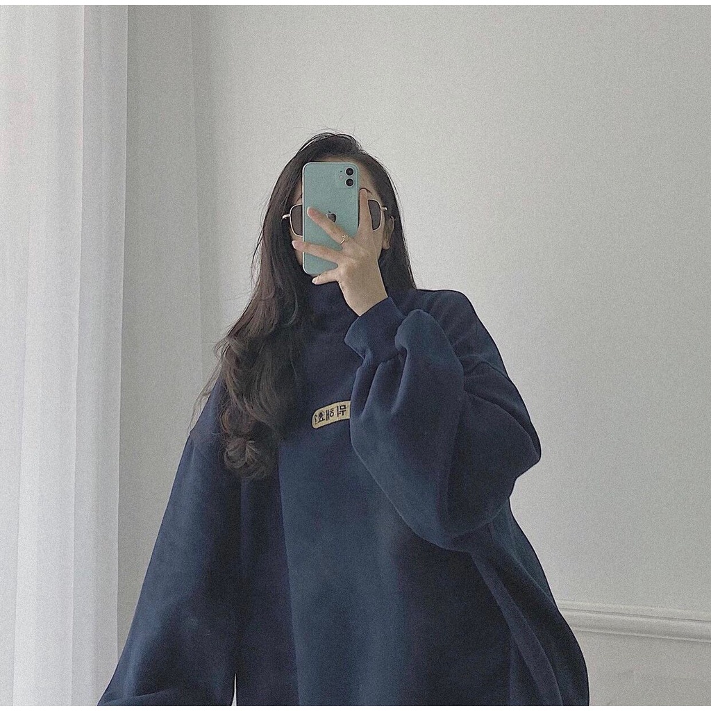 Áo Nỉ Cổ Cao Chữ Ngực Nữ MEESTORE - Sweater Cổ 3 Phân Dáng Rộng Tay Bồng Chữ Hàn Quốc Dáng Ullzang