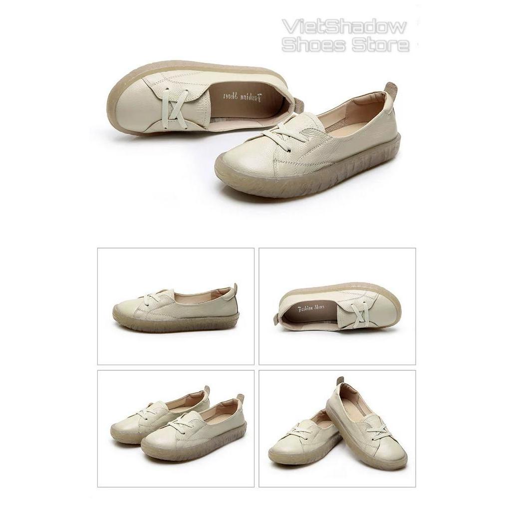 Slip on da nữ - Giày búp bê nữ đế bè - Da bò xịn, 3 màu be, trắng và đen - Mã SP 525