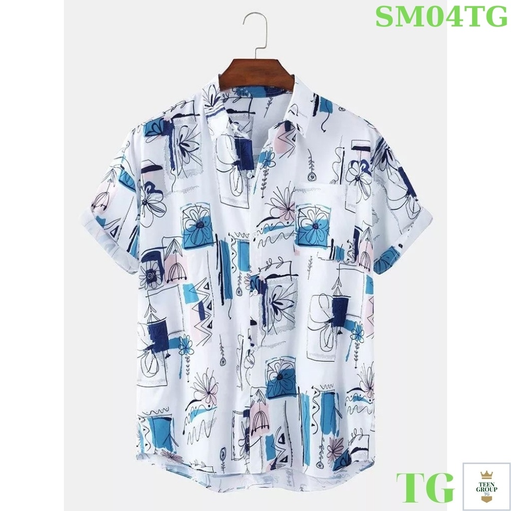 Áo sơ mi nam tenji sm04tg sơ mi nam trắng tay ngắn wash họa tiết 3d hoa lá thời trang tenji store (44 - 70kg)