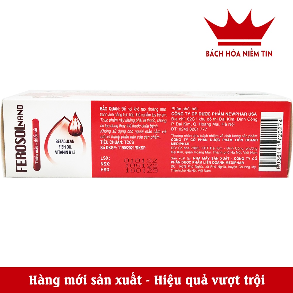 Bổ máu Ferosol Nano bổ sung Sắt, Acid Folic cho người thiếu máu, phụ nữ mang thai và cho con bú - Hộp 30 viên