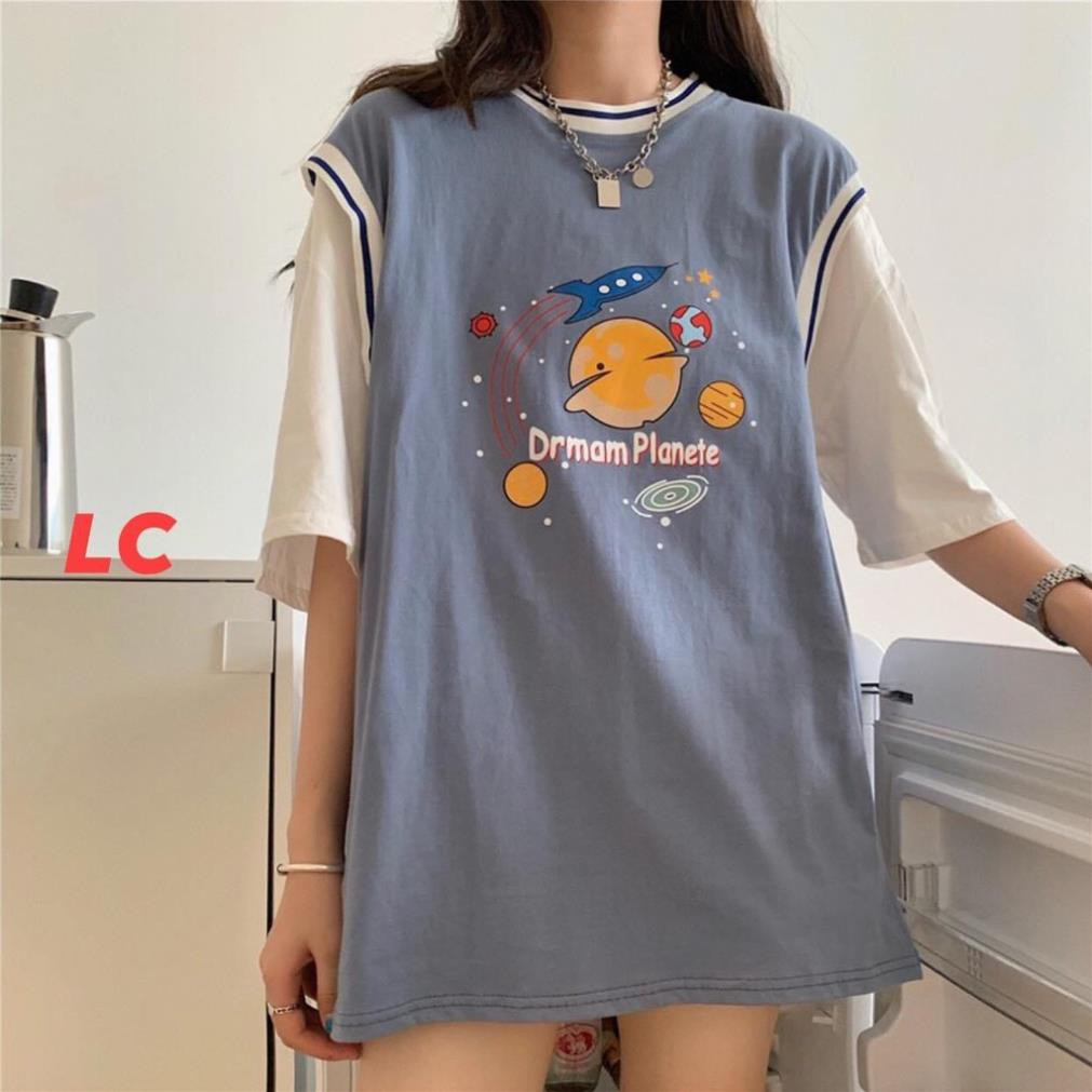 Áo thun tay lỡ phối tanktop kiểu áo bóng rổ unisex nam nữ form rộng PLANETE basic tee oversize 2 màu xanh đen siêu hot ་