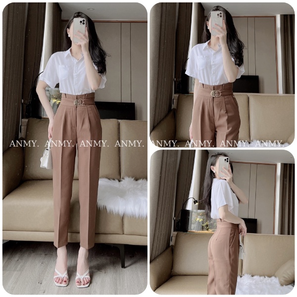 Quần tây nữ lưng cao AMY dáng baggy cạp cao siêu tôn dáng ống đứng chuẩn đẹp khóa trước đen trắng nâu Q579