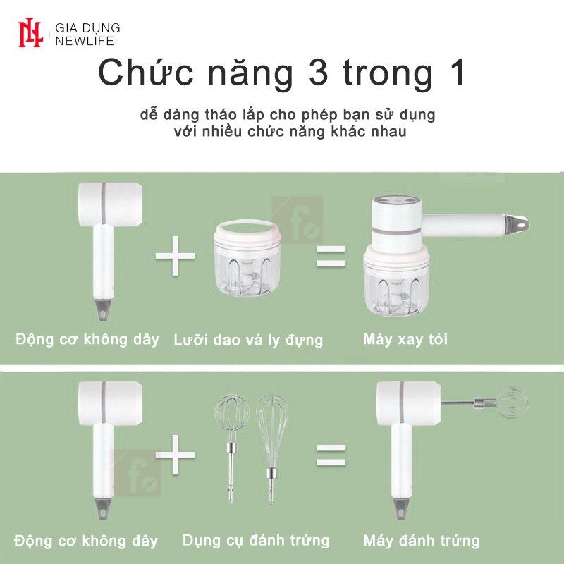 Máy Đánh Trứng Cầm Tay 3 trong 1 đa năng pin sạc Bảo hành 1 năm - Máy xay thịt tỏi ớt hạt tiêu đánh sữa cafe mini