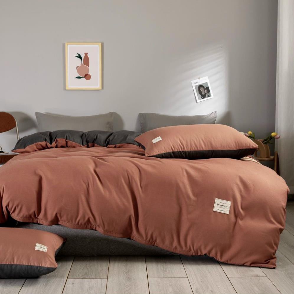 BỘ CHĂN GA GỐI COTTON TICI CAO CẤP ( CHĂN ĐÃ TRẦN BÔNG) MÀU CAM GHI - ĐỦ KÍCH THƯỚC