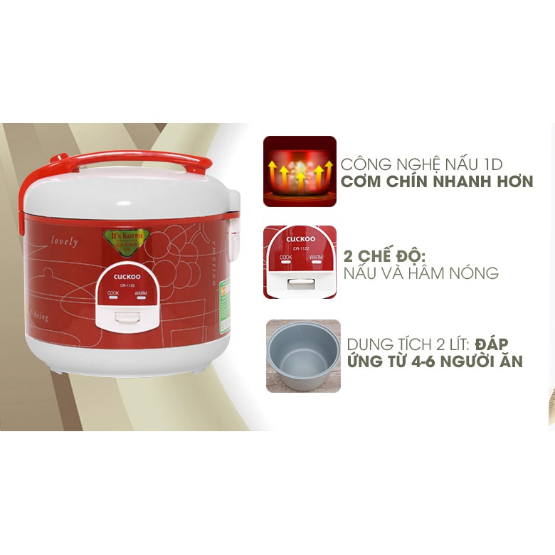 Nồi Cơm Điện Cuckoo 2 Lít CR-1122 Phù Hợp 4-7 Người Ăn, Bảo Hành 24 Tháng